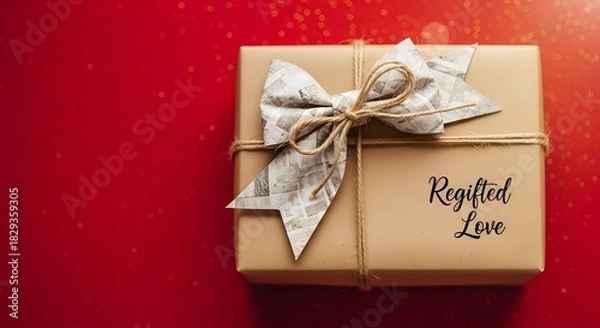 Fototapeta Gift with Recycled Paper Bow and Regifted Love Text on the box. Red Background