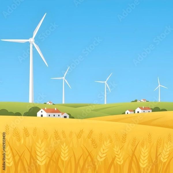 Fototapeta Wind Turbines in Rural Landscape: A scenic vista showcasing the harmonious blend of modern wind turbines with the simplicity of rural life. Witness the peaceful juxtaposition of technology and nature.