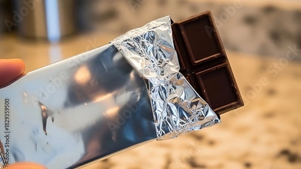 Fototapeta Close-up of a hand holding a dark chocolate bar partially unwrapped from its silver foil packaging.