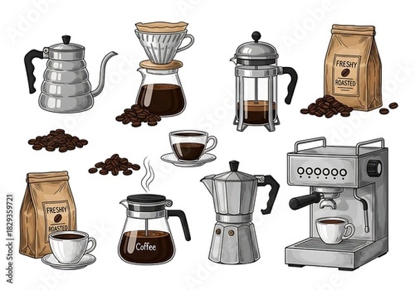 Obraz Various coffee brewing methods and coffee beans art