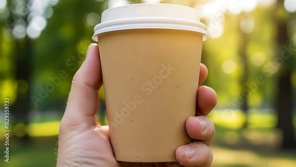 Fototapeta A hand holds a disposable coffee cup with a white lid in a park setting, with blurred green foliage in the background.