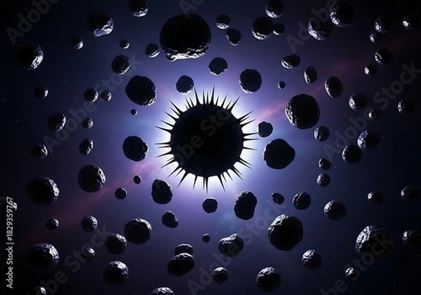 Obraz A dark sphere surrounded by asteroids in space