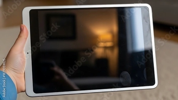 Fototapeta A person's hand holding a modern tablet device, showcasing its screen.