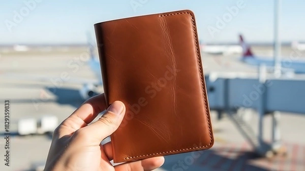 Fototapeta A hand holds a brown leather passport wallet in front of an airport terminal and airplane.