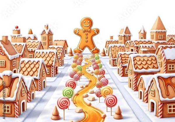 Obraz Gingerbread town with candy and gingerbread man