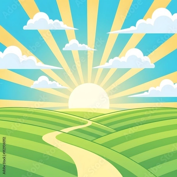 Fototapeta Sunrise over Rolling Green Hills: The sun rises, casting golden rays over rolling green hills and a winding path, a symbol of hope and new beginnings.