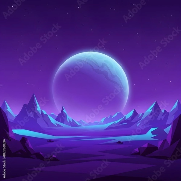 Fototapeta Celestial Dreamscape: A captivating illustration, portraying a celestial landscape under the expanse of a starry night, highlighted by the prominence of a planetary body.