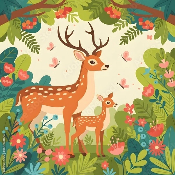 Fototapeta Deer family in the garden :  A vibrant illustrated image of a mother deer with her fawn, surrounded by colorful flowers and foliage, evoking a sense of tranquility.