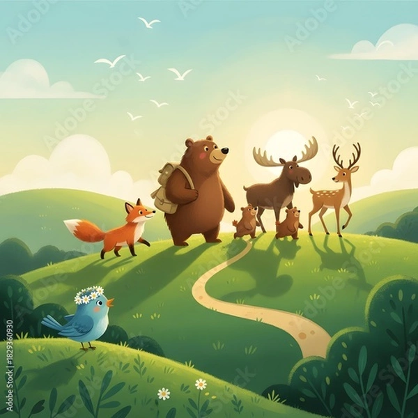 Fototapeta Animated Forest Friends: A whimsical illustration of a diverse group of forest animals embarking on an adventure, walking along a winding path amidst rolling green hills under a bright sky.