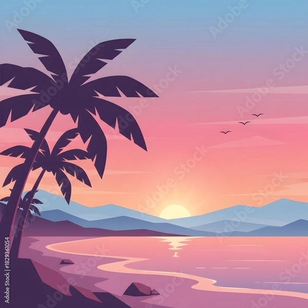 Fototapeta Tropical Sunset Paradise: A breathtaking sunset over a tropical paradise, with swaying palm trees silhouetted against a vibrant sky, casting a serene glow over the tranquil ocean.