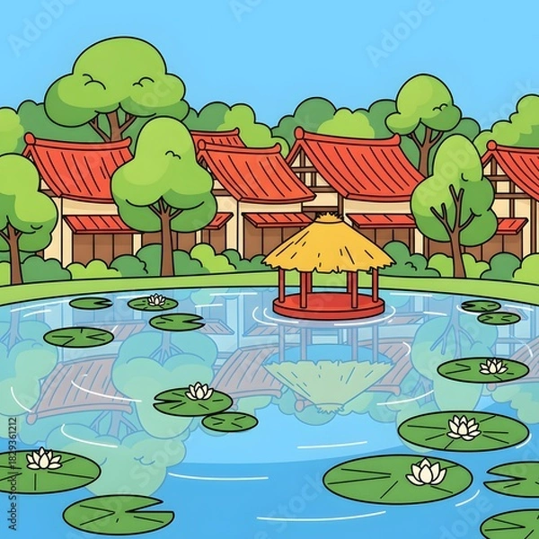 Fototapeta Tranquil Pondside Village: A picturesque illustration captures a serene village nestled beside a calm pond, adorned with floating water lilies.