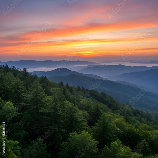 Fototapeta Sunrise over Mountain Range: A majestic vista unfolds as the sun begins to rise over a layered mountain range, painting the sky with vibrant hues, while a dense forest blankets the foreground.