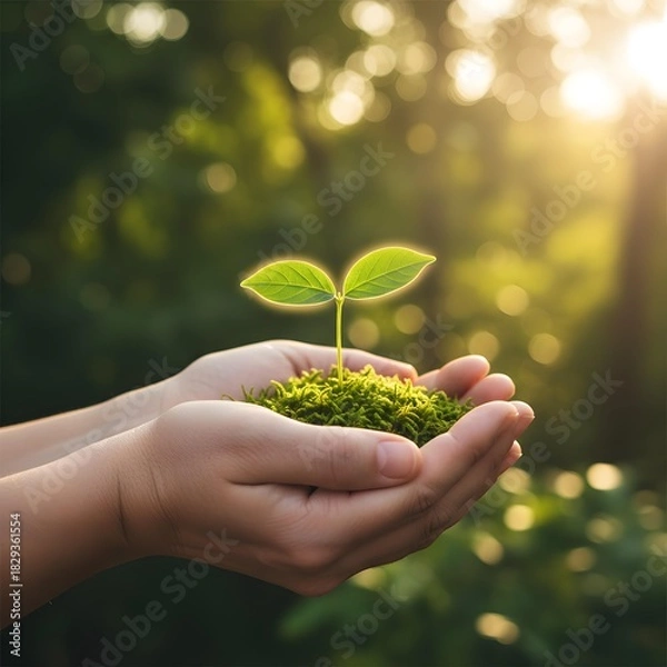 Fototapeta Nurturing Growth: A pair of hands cradles a tender green sprout, symbolizing life, growth, and the care of environment. capturing the purity and the care of our earth.