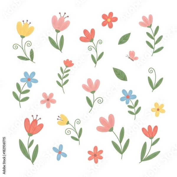 Fototapeta Floral Arrangement: A delightful collection of hand-drawn flowers, blossoming with delicate petals, creating a cheerful display of nature's beauty and elegance. 