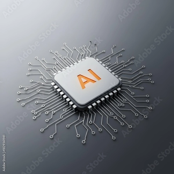 Fototapeta AI Chip Design: A cutting-edge microchip, emblazoned with AI, emerges from a dark, creating a stark visual symbol of the rapid advancement of artificial intelligence and its technological footprint.