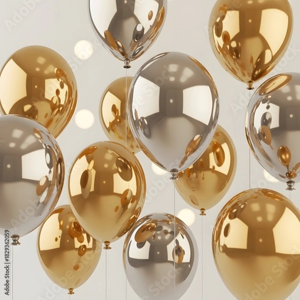 Fototapeta Celebration background with gold and silver balloons floating in the air