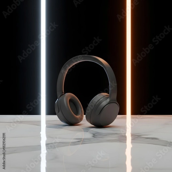 Fototapeta Wireless Headphones on a Reflective Surface: Sleek and modern wireless headphones sit atop a marble surface, illuminated by vibrant neon lights against a stark background.