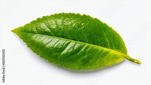 Fototapeta A single vibrant green leaf with serrated edges isolated on a plain white background