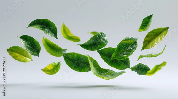 Obraz A dynamic composition of green leaves floating against a soft white background studio shot