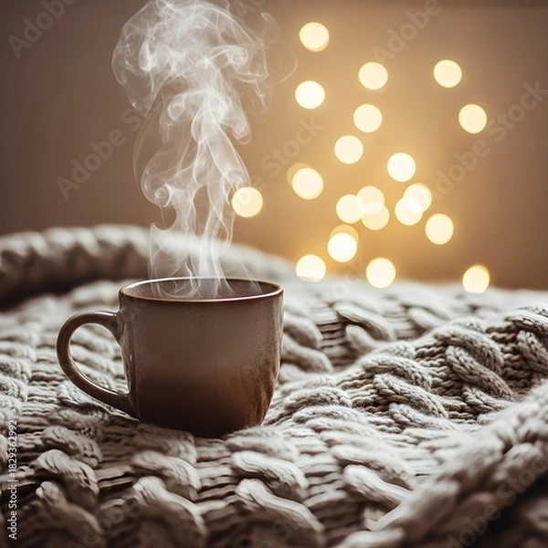 Obraz Cozy coffee break on a knitted blanket with lights
