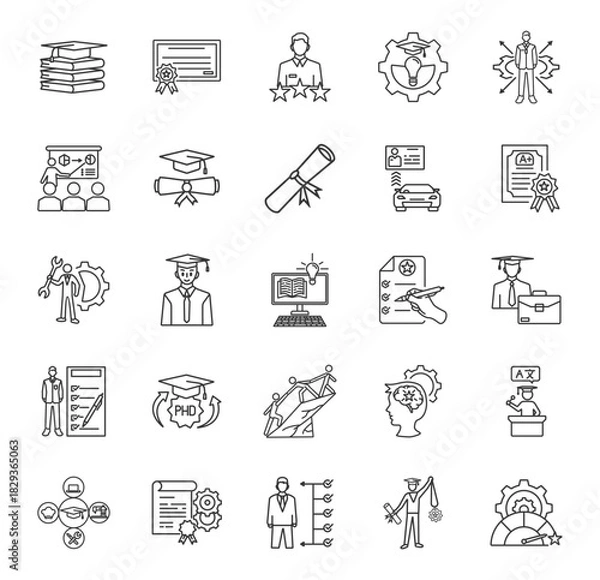 Fototapeta A collection of 25 icons of educational qualifications, certifications, experience, skills, competencies, training, bachelor's degrees, diplomas, driving licenses in thin line and white background.