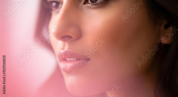 Fototapeta Serene Womans Profile Soft Pink Light Illuminating Natural Skin and Lips.