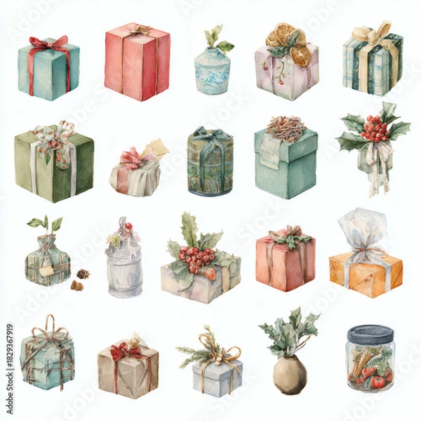 Obraz Watercolor Illustration of various red Christmas gift box on white background, AI generated