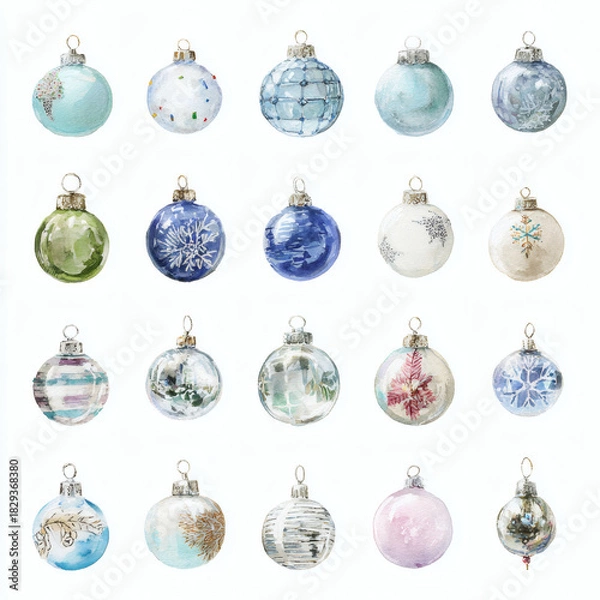Obraz Watercolor Illustration of various red Christmas ornament balls on white background, AI generated