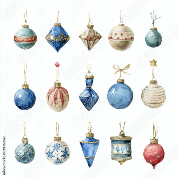 Fototapeta Watercolor Illustration of various red Christmas ornament balls on white background, AI generated