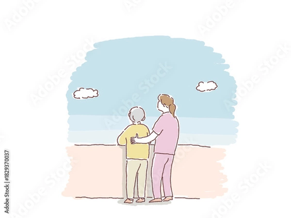 Obraz 高齢女性と空を見上げる女性（看護師、ヘルパー、介護士）