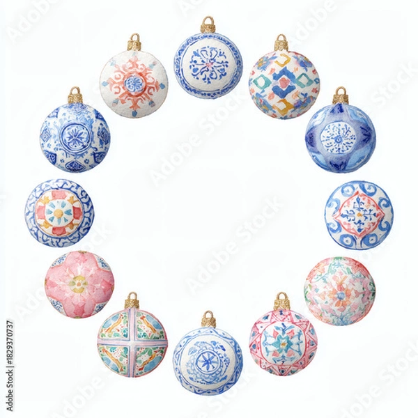 Obraz Watercolor Illustration of various red Christmas ornament balls on white background, AI generated