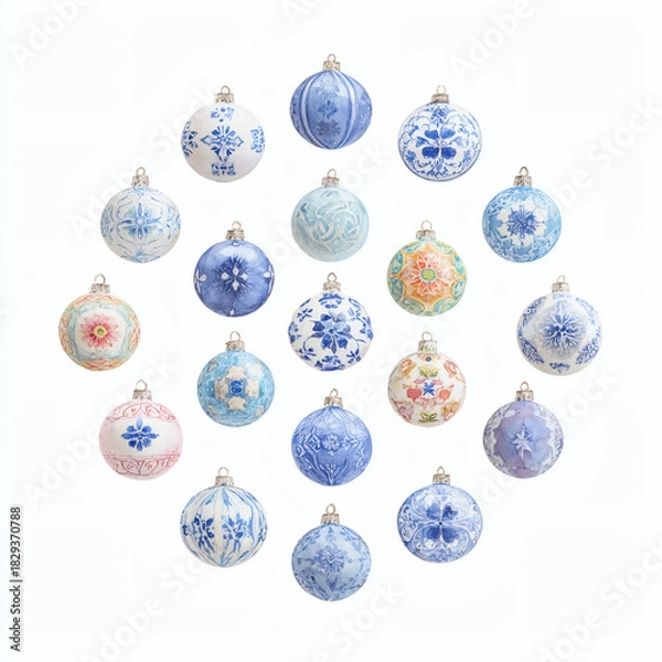 Fototapeta Watercolor Illustration of various red Christmas ornament balls on white background, AI generated