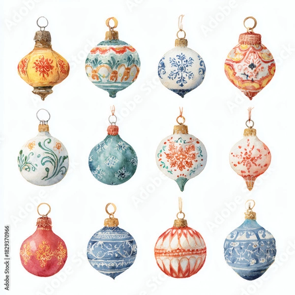 Fototapeta Watercolor Illustration of various red Christmas ornament balls on white background, AI generated