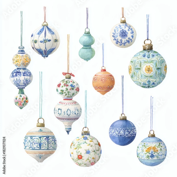 Obraz Watercolor Illustration of various red Christmas ornament balls on white background, AI generated