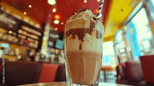Fototapeta A milkshake captured with a fisheye lens distorted modern cafe background