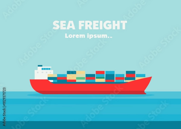 Obraz Red container ship sailing on blue water with sea freight text