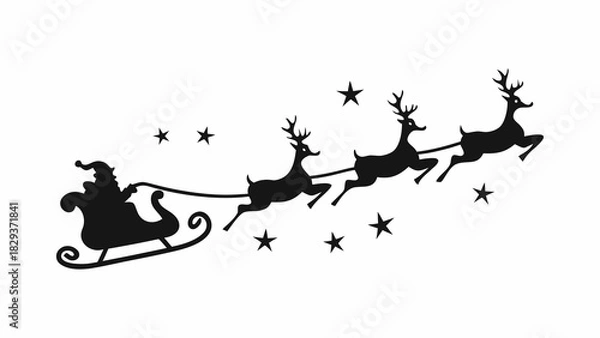 Obraz Black silhouette of santa claus in a sleigh pulled by reindeer with stars