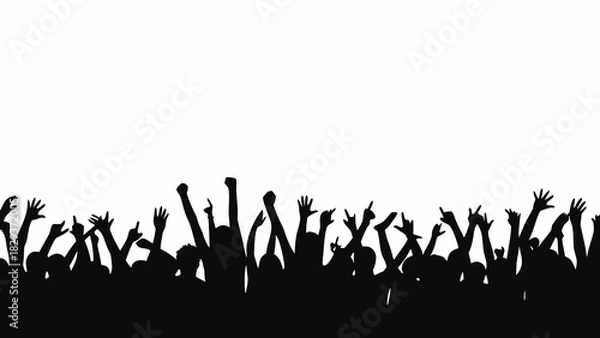 Obraz Silhouette of a cheering crowd with hands raised against a white background