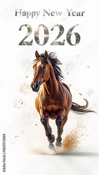 Obraz 2026年のハッピーニューイヤーを走る馬で象徴した白背景のミニマル和風モダン年賀ビジュアル. 生成AI