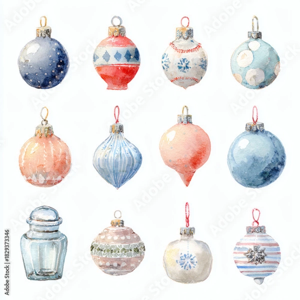Obraz Watercolor Illustration of various red Christmas ornament balls on white background, AI generated