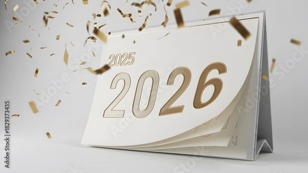 Fototapeta Flip calendar showing year 2025 and next year 2026 with falling confetti