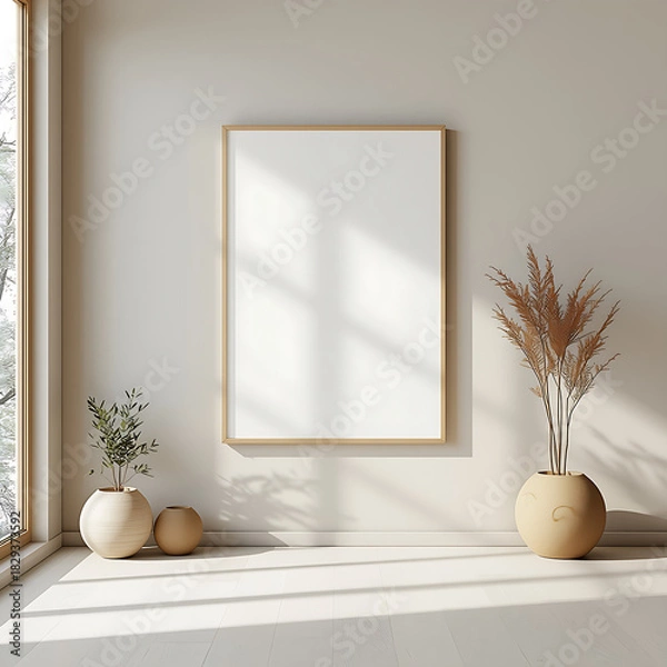 Fototapeta Blank wall frame mockup showcasing a minimalist Japandi-style living room decor, featuring a 3D-rendered interior with natural tones.