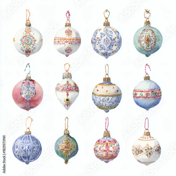 Fototapeta Watercolor Illustration of various red Christmas ornament balls on white background, AI generated