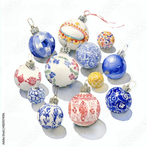 Fototapeta Watercolor Illustration of various red Christmas ornament balls on white background, AI generated