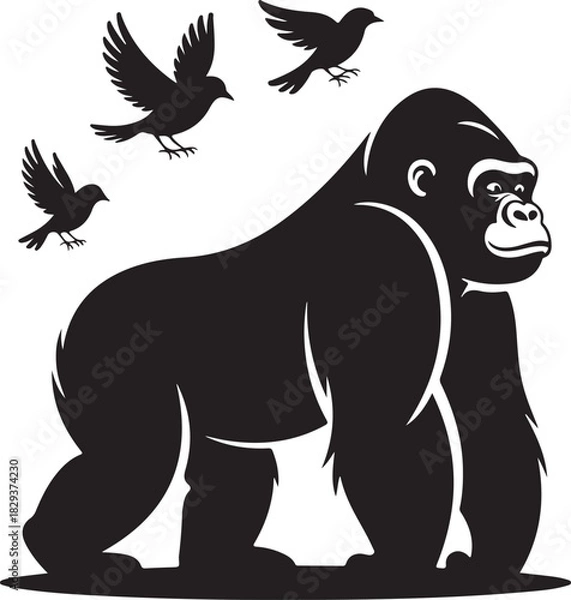 Obraz Silhouette of a Gorilla with Birds Flying Around in the Sky