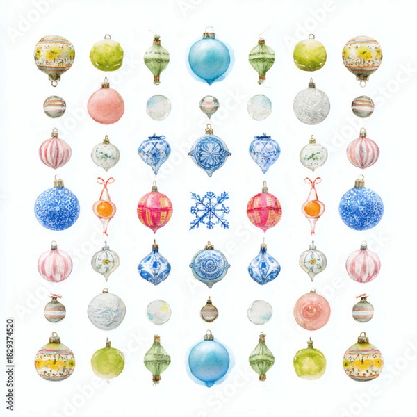 Obraz Watercolor Illustration of various red Christmas ornament balls on white background, AI generated