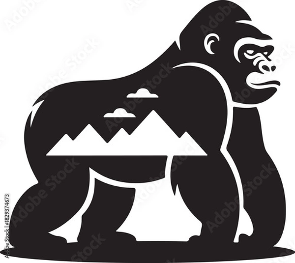 Obraz Strong gorilla silhouette with mountain range and clouds inside body