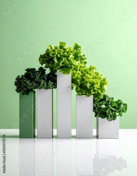 Fototapeta Fresh green leafy vegetables arranged in modern white containers against a light green background, resembling a bar graph.