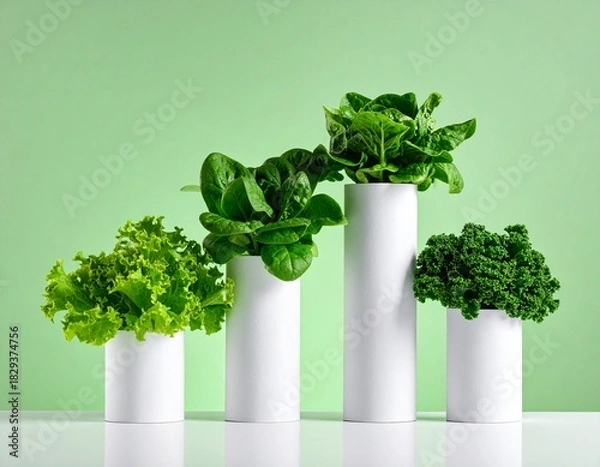Fototapeta Fresh leafy green vegetables like lettuce, spinach, and kale in white pots on a table with a light green background.