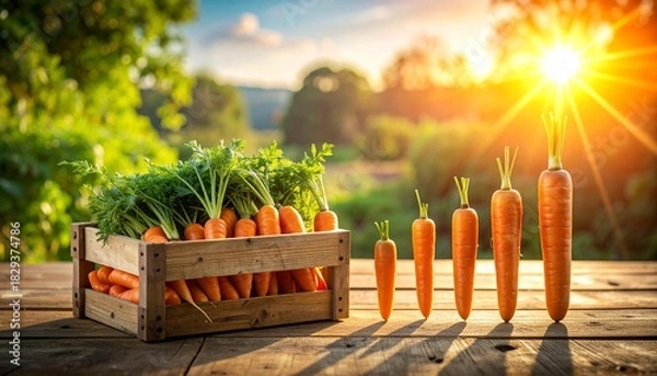 Obraz Freshly harvested carrots in a wooden crate and lined up on a rustic table under a bright sunny sky in a garden setting.